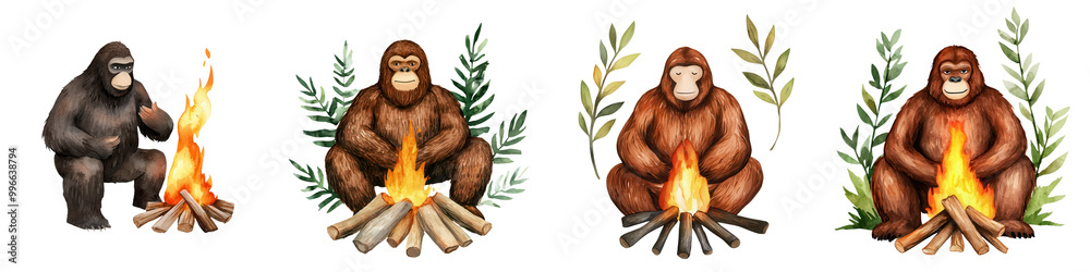 Obraz premium Group of cartoon monkeys around a campfire with foliage, colorful and playful design.
