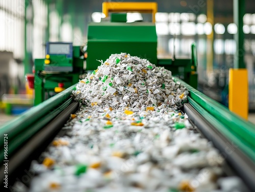 Close-up View of Recycled Paper on Conveyor Belt in Industrial Setting, Green Machinery Background - Eco-Friendly Recycling Concept