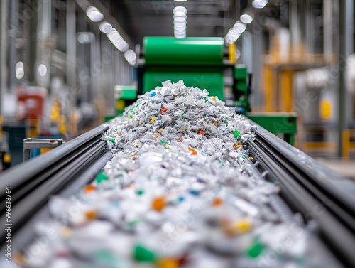 Industrial Efficiency Close-Up of Paper Recycling Conveyor Belt with Shredded Paper Pile in Busy Factory Setting - Environmental Technology Concept