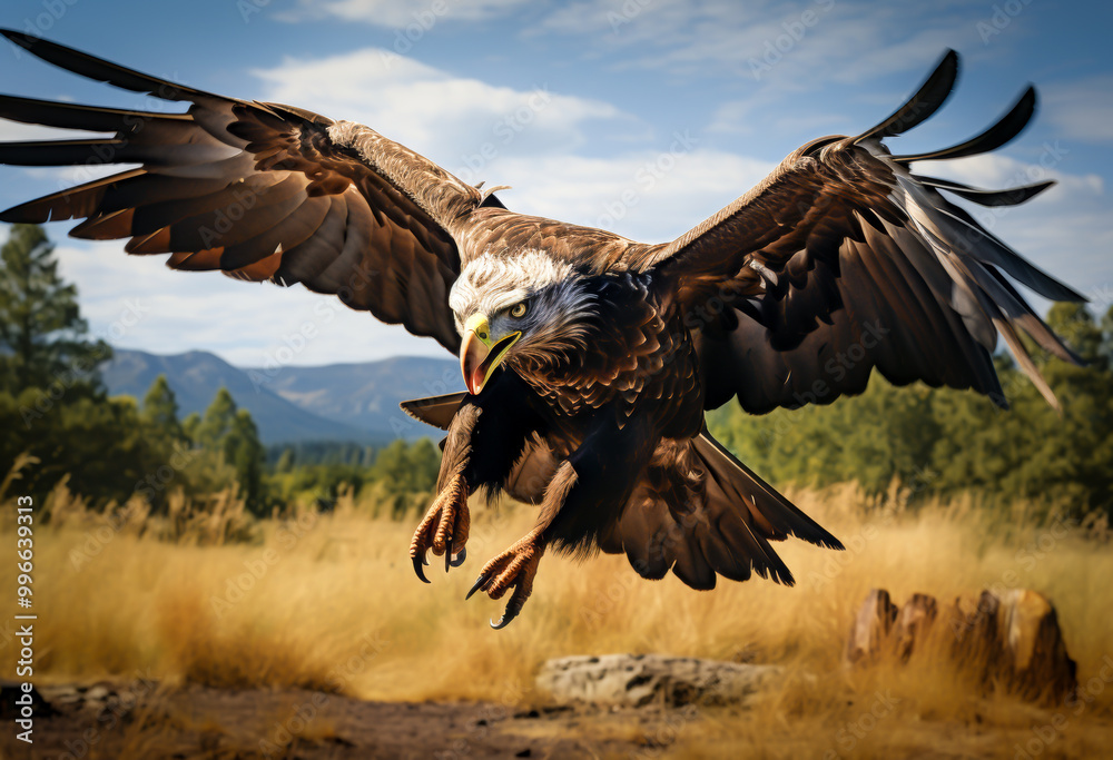 Fototapeta premium A majestic eagle captured in mid-flight, wings spread wide over a grassy field with trees and mountains in the background