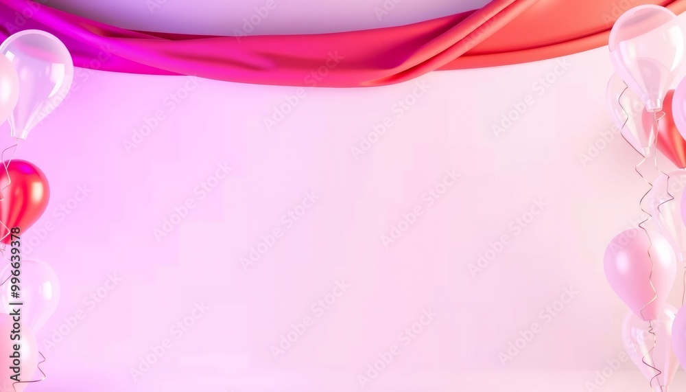 Pink and red balloons with pink fabric on a light pink background. Pink and red balloons with pink fabric on a light pink background.