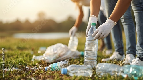 Environmental Stewardship Closeup of Hand in White Glove Picking Up Plastic Water Bottle in Grassy Field, Eco-Friendly Concept