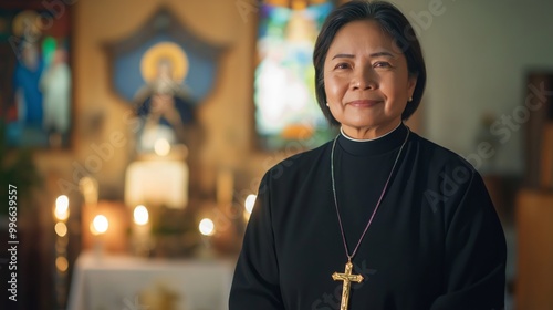 Filipino Female Catholic Clergy Member in Church, Spiritual Leadership, Inspirational Faith, Religious Service, Cultural Heritage
