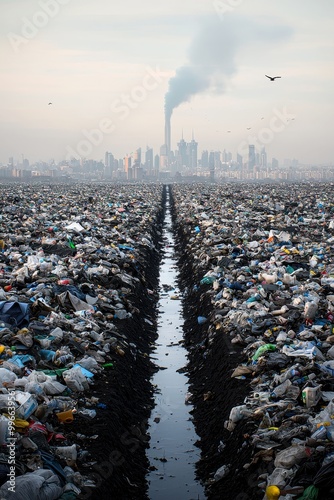 Eerie Landscape of Waste Massive Garbage Dump Under Gloomy Skyline, Environmental Crisis Illustration