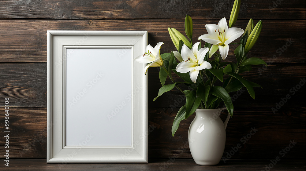 A white frame on the wall, vase with flowers, wooden background. AI generated A white frame on the wall, vase with flowers, wooden background. AI generated
