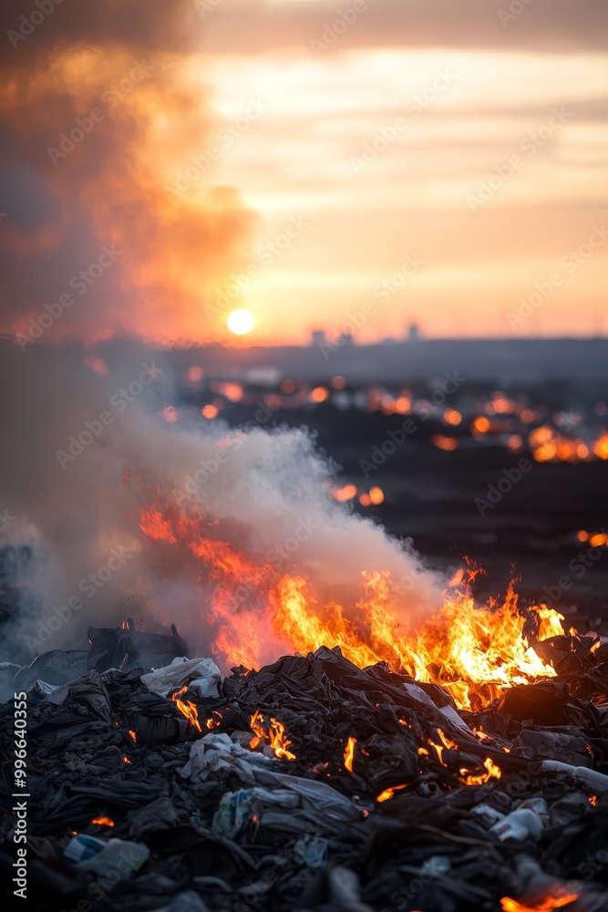 Fototapeta premium Fiery Apocalypse Intense Closeup of Burning Trash at Sunset, Distant Cityscape Silhouette, Environmental Destruction Concept