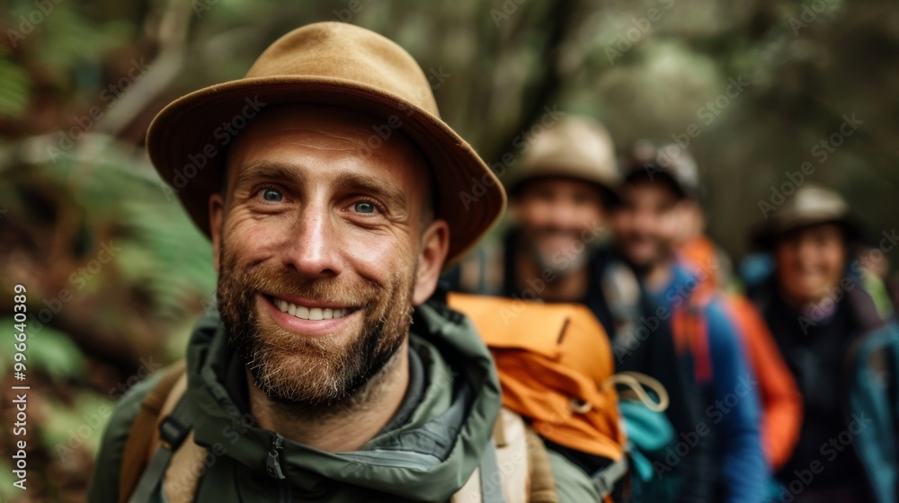 Group of happy hikers exploring the forest, with a bearded man in focus wearing a hat and backpack, enjoying an adventurous outdoor trek. Group of happy hikers exploring the forest, with a bearded man in focus wearing a hat and backpack, enjoying an adventurous outdoor trek.