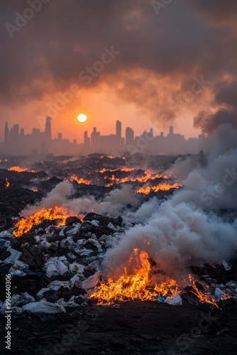 Urban Decay Eerie Sunset View of Burning Trash Pile in City Environment - Environmental Pollution Concept