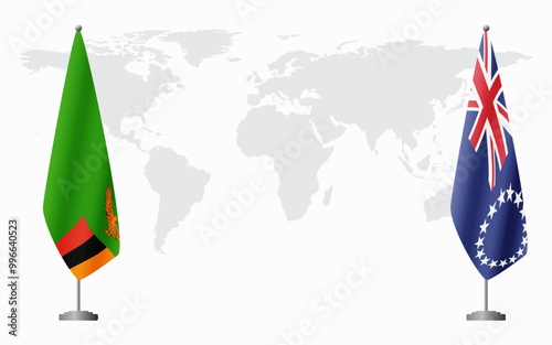 Zambia and Cook Islands flags for official meeting against background of world map.