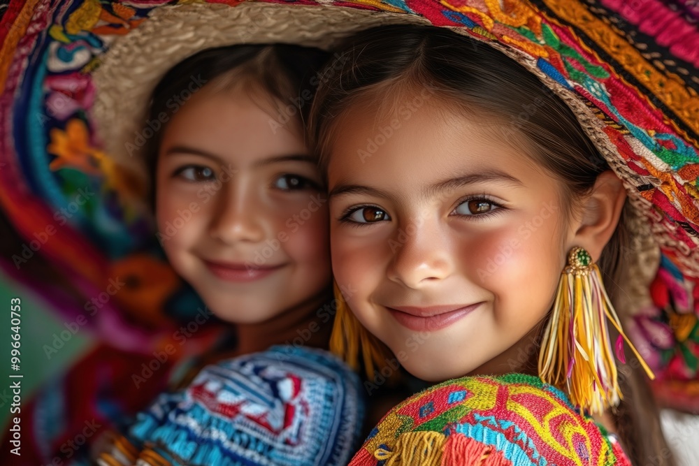 Two young girls in traditional Mexican clothing smile at the camera.