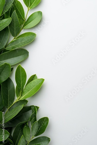 Tranquil Green Leaves on Minimalist White Background - Fresh Botanical Serenity in Close-up View for Health and Nature Concepts