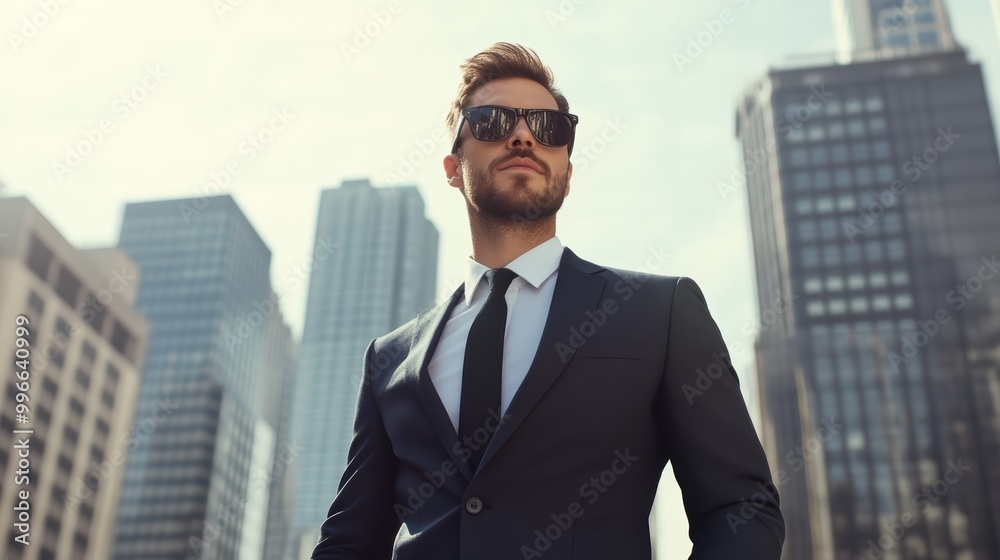 A sharply dressed man in a tailored navy suit walking briskly down a bustling city street, skyscrapers towering above, with a confident expression and stylish sunglasses A sharply dressed man in a tailored navy suit walking briskly down a bustling city street, skyscrapers towering above, with a confident expression and stylish sunglasses