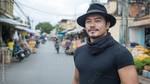 A trendsetter man sporting a fashionable scarf and fedora hat, captured candidly while walking through a lively street market filled with colorful stalls and diverse people photo