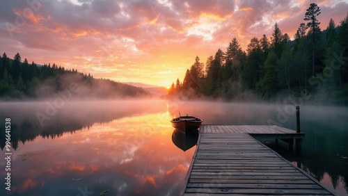 A peaceful lake landscape at sunrise, featuring a wooden dock and a rowboat with mist rising from the water, surrounded by trees and mountains, epitomizing nature's tranquility.