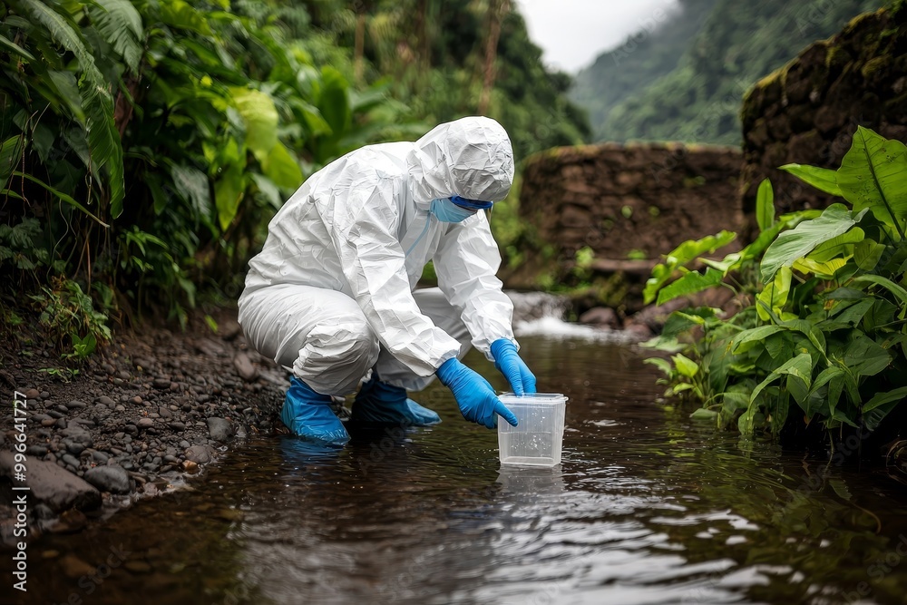 Naklejka premium Environmental Conservation Researcher Collecting Water Samples in Lush Forest Stream - Scientific Exploration Concept