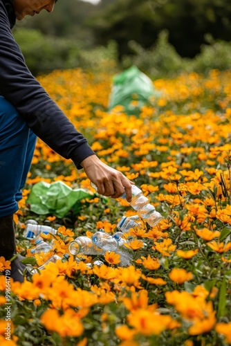 Closeup of Eco-conscious Individual Removing Plastic Bottle from Field of Yellow Flowers, Environmental Care Concept