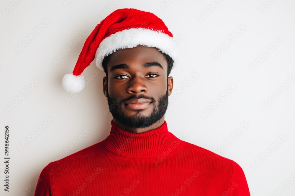 young black man, red turtleneck sweater, santas hat, white background young black man, red turtleneck sweater, santas hat, white background