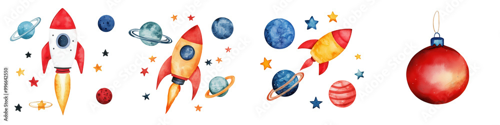 Colorful rockets and planets, festive design on white isolated background. Colorful rockets and planets, festive design on white isolated background.