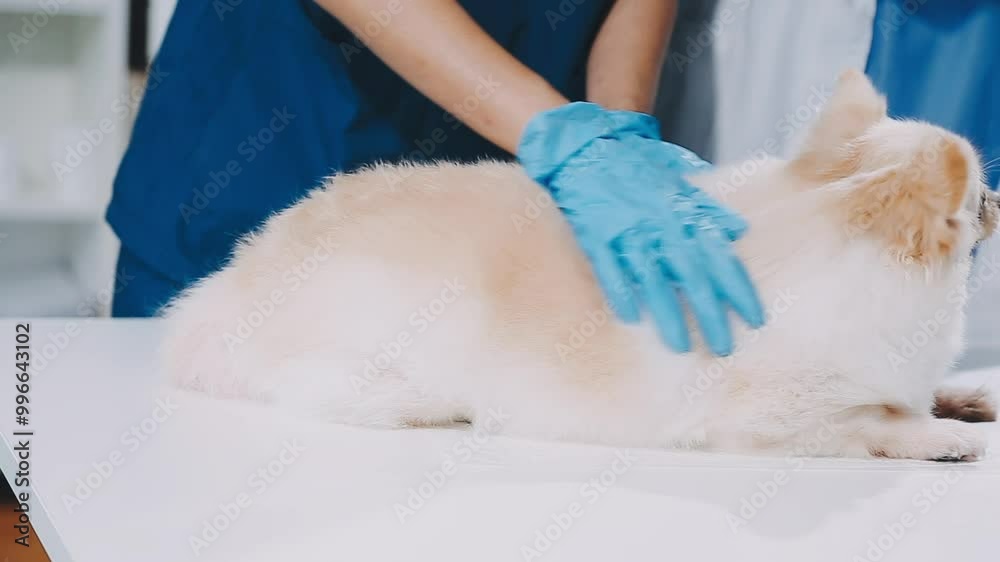 Examine the veterinarian's breath in work clothes, listen to the breath of a small dog, veterinary clinic, pet care concept. Examine the veterinarian's breath in work clothes, listen to the breath of a small dog, veterinary clinic, pet care concept.