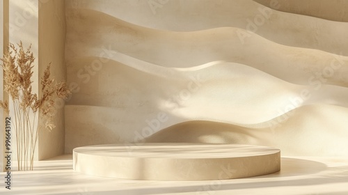 Minimalist beige podium with dry grass in front of a wavy wall.