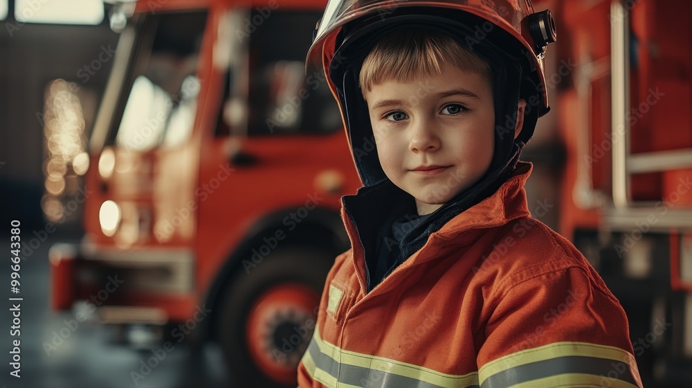 A young boy wearing a firefighter uniform and helmet stands in front of a firetruck, looking at the camera. A young boy wearing a firefighter uniform and helmet stands in front of a firetruck, looking at the camera.