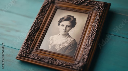 Antique wooden picture frame with delicate carvings, holding a faded portrait in sepia tones photo