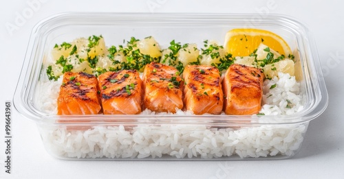 Fill the meal box with salmon fish fillets, seafood bread meats, and breadcrumbs. photo