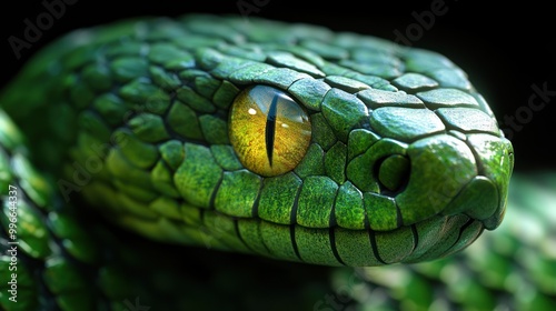 Close-up of a green snake's eye with a dark background.