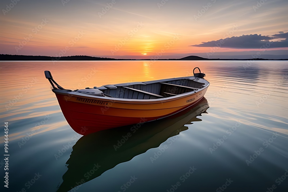 Rippling color of vibrant sunset hues swirling on the water’s surface, with a small boat Rippling color of vibrant sunset hues swirling on the water’s surface, with a small boat