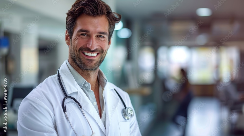Obraz premium Smiling doctor in white coat with stethoscope standing in modern hospital corridor, ready to assist patients with medical care.