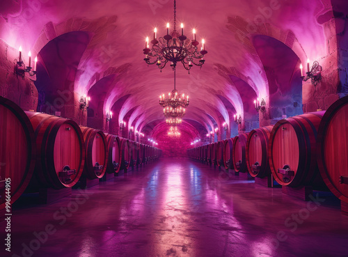 Elegant wine cellar with wooden barrels and vintage chandeliers in a softly lit atmosphere photo