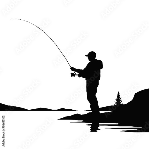 Fisherman Enjoying Nature Silhouette Vector Illustration