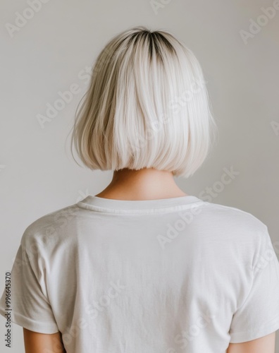 Short blue haired woman with cream t-shirt wearing adult fashion back view. photo