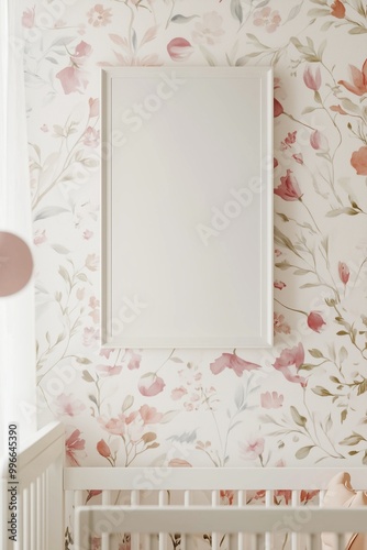 A soft and calming nursery featuring a blank picture frame, stuffed animals, and a crib. The room is decorated in neutral and pastel tones, creating a peaceful atmosphere.
