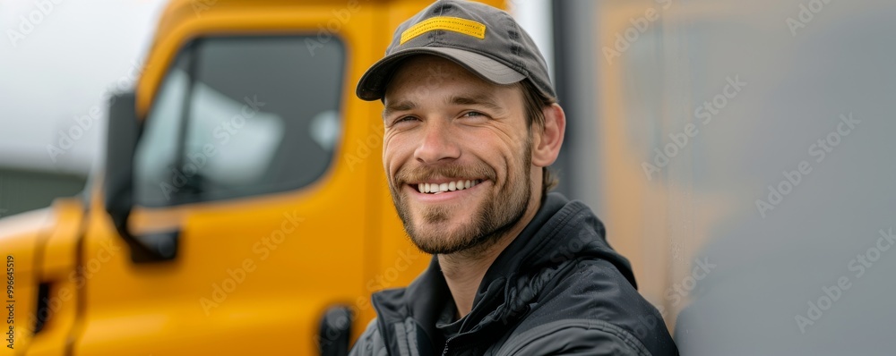 Smiling truck driver in casual attire standing next to a bright yellow truck on a cloudy day, showcasing happiness and job satisfaction. Smiling truck driver in casual attire standing next to a bright yellow truck on a cloudy day, showcasing happiness and job satisfaction.