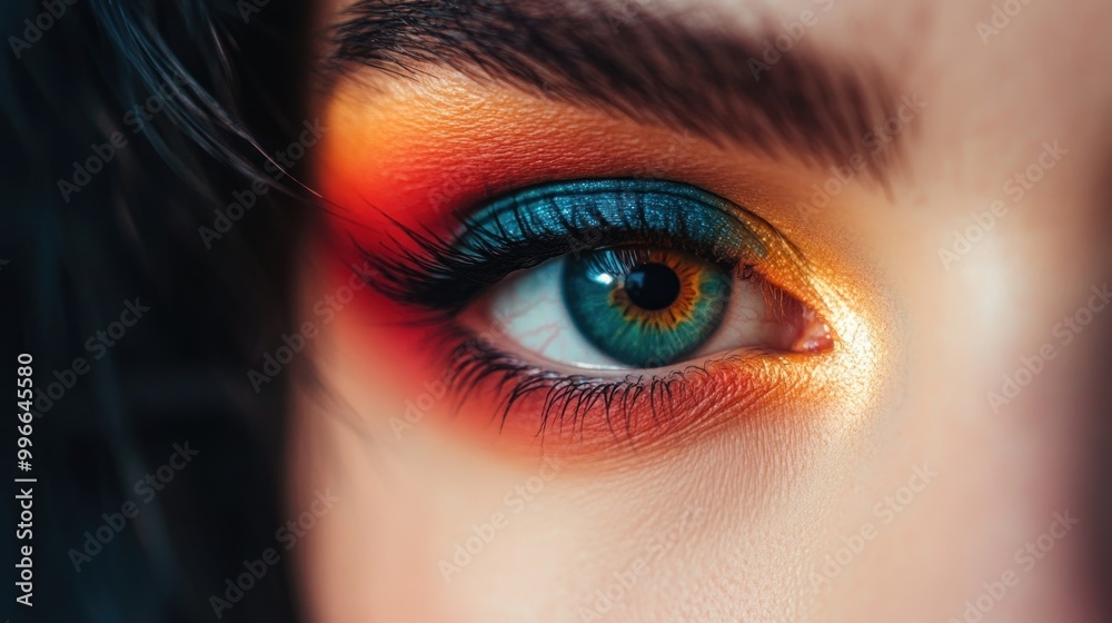 Close-up of a woman's eye with colorful eye shadow. Close-up of a woman's eye with colorful eye shadow.