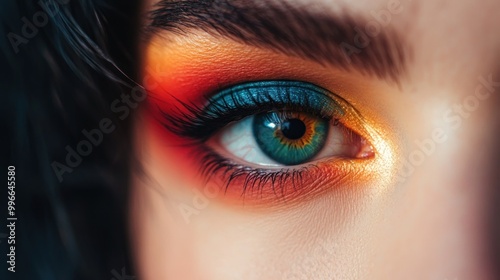 Close-up of a woman's eye with colorful eye shadow.