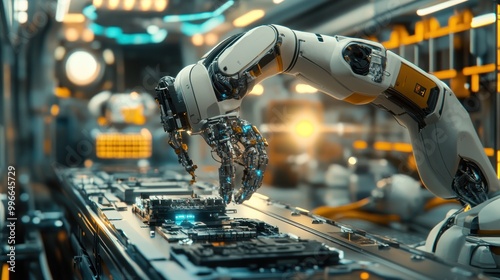 A robotic arm assembling electronic components in a high-tech industrial environment.