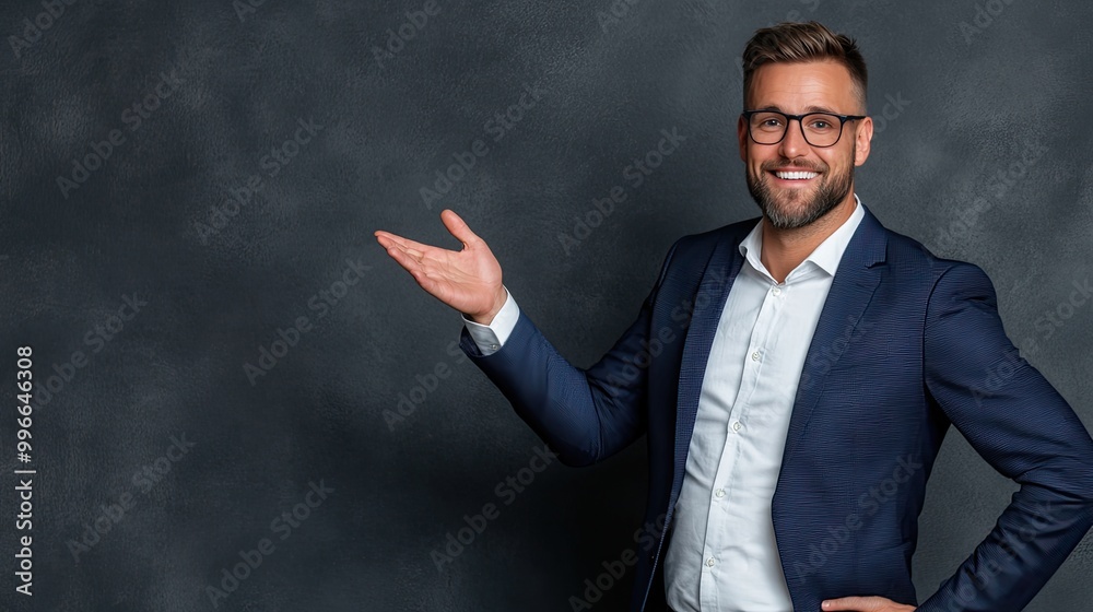 Confident businessman in a blue suit smiles while gesturing to the side against a dark gray background, ready for presentation. Confident businessman in a blue suit smiles while gesturing to the side against a dark gray background, ready for presentation.