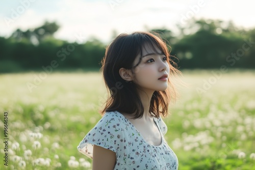 A woman in casual attire embraces the breeze in a lush green field, with mountains and a bright sky in the background. 