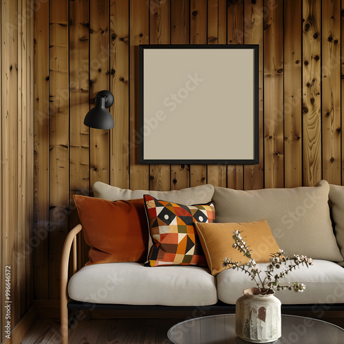 Mockup of a 1x1 black square frame in a rustic living room with a sofa and wooden walls. Artwork, poster, art print, wall art mockup. Cottage, farmhouse home interior. photo