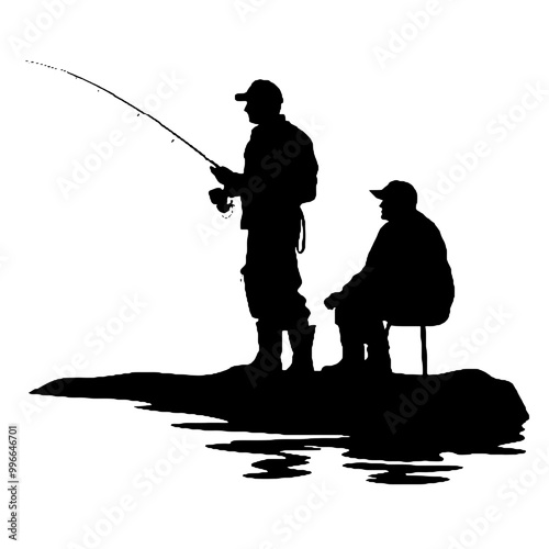 Silhouette of a Man Fishing – Black and White Vector Illustration, Suitable for Tattoos and Stickers