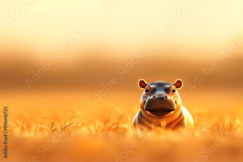 Baby hippo exploring the savannah, curious expression, 3D illustration photo