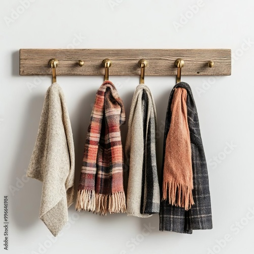 Old wooden coat rack with brass hooks, holding a collection of vintage coats and scarves