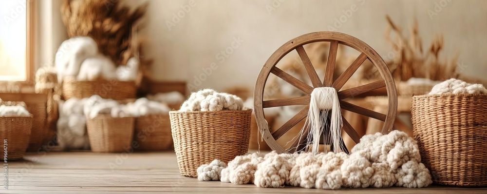Old wooden spinning wheel with frayed threads, surrounded by woven baskets filled with wool, in a rustic craft room Old wooden spinning wheel with frayed threads, surrounded by woven baskets filled with wool, in a rustic craft room