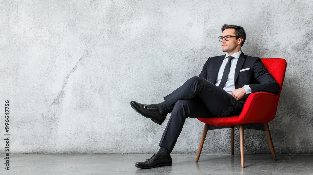 Confident businessman in a suit sitting on a red chair against a gray wall, exuding professionalism and modern style. Confident businessman in a suit sitting on a red chair against a gray wall, exuding professionalism and modern style.