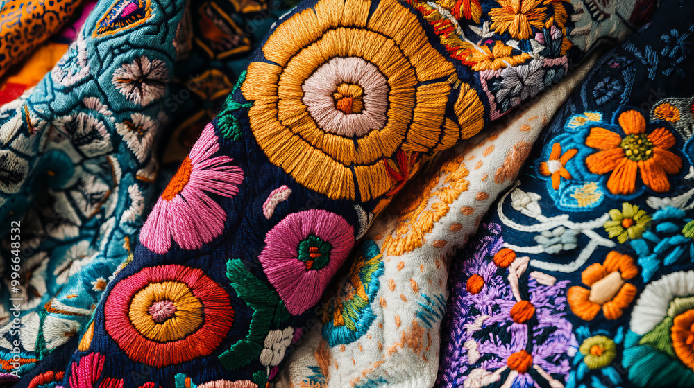 Depict traditional embroidery from various cultures, such as Japanese Sashiko, Indian Kantha, or Mexican Otomi. Highlight the unique patterns, techniques, and cultural significance of each style.