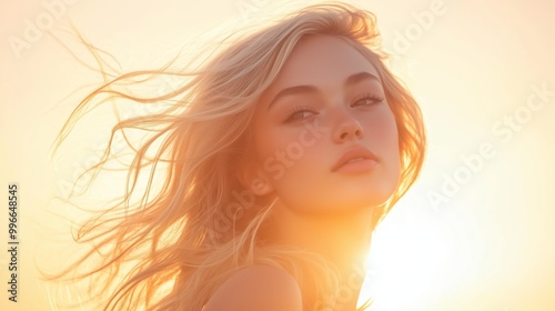 A serene portrait of a young woman with flowing hair, illuminated by soft, golden-hour sunlight, evoking tranquility and beauty.