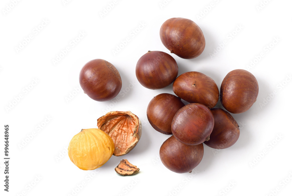 Flat lay of Chestnuts with peeled isolated on white background. Flat lay of Chestnuts with peeled isolated on white background.