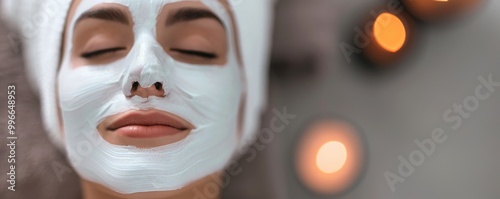 Woman at a spa with a facial mask, lying down with closed eyes, relaxing ambiance with dim lights, representing self-care and wellness.